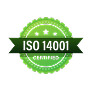 Green ISO 14001 certification badge with ribbon.