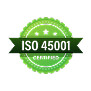 Green ISO 45001 certification badge with ribbon.