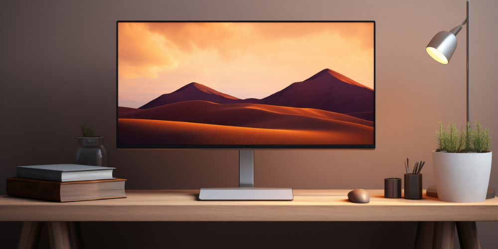 A slim monitor is placed on top of a wooden table A slim monitor is placed on top of a wooden table